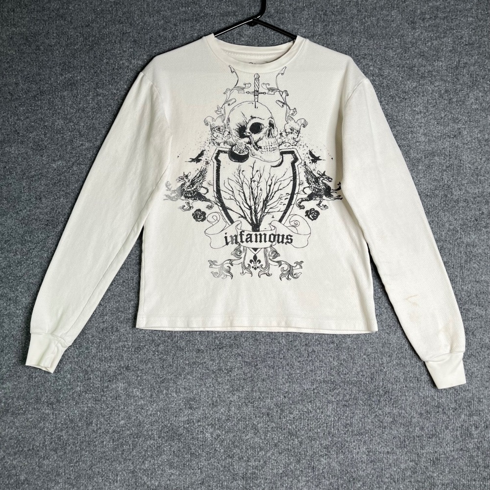 Infamous White Thermal Graphic Long Sleeve Shirt Skull Dagger Y2K Size M